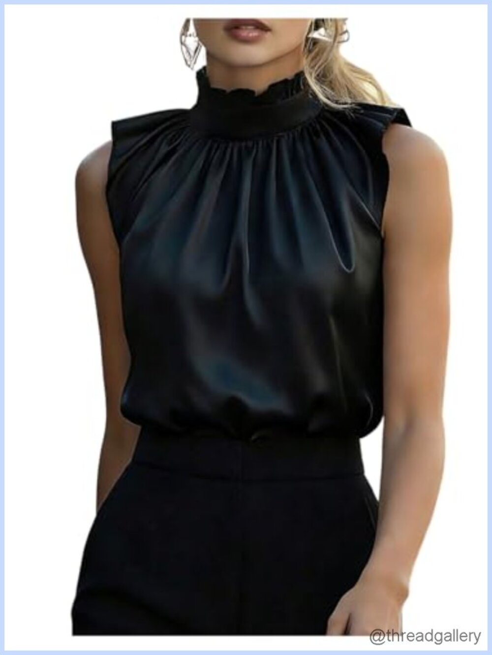 Women's Satin Sleeveless Pleated Mock Neck Tank Top